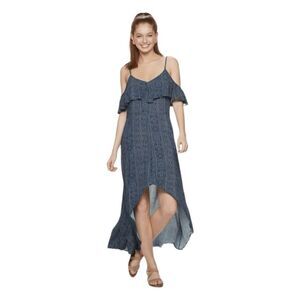 Rewind Ruffle Cold Shoulder Maxi Dress Blue White Bandana Print S